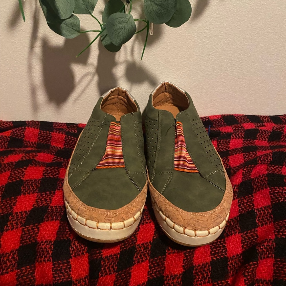 Olive Green Slip-On Women’s Sneakers with Cork Trim